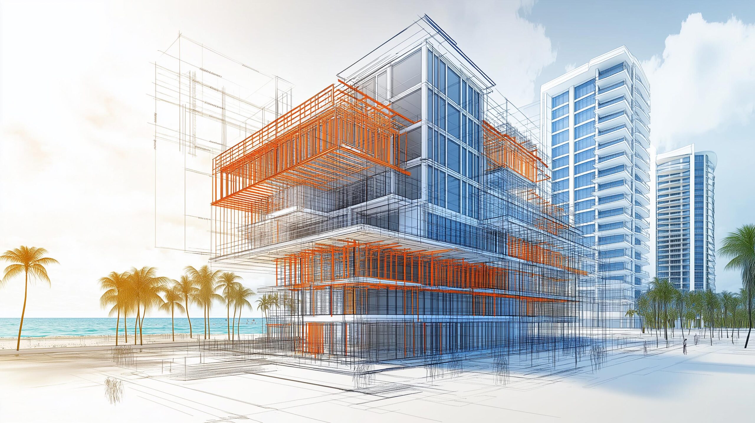 3D blueprint of a construction plan for a modern building, with a detailed construction drawing in Fort Lauderdale.