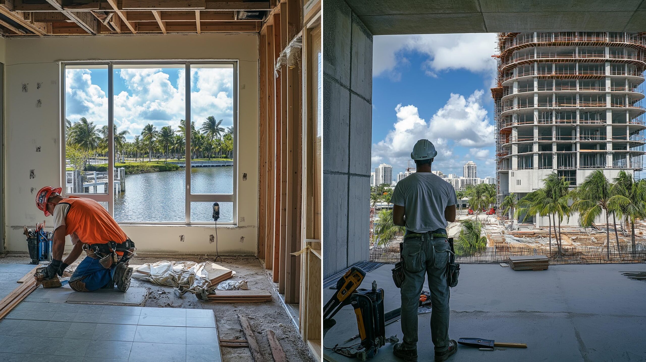 On the left a man works on flooring in a residential home; on the right a worker inspects a job of a commercial construction.