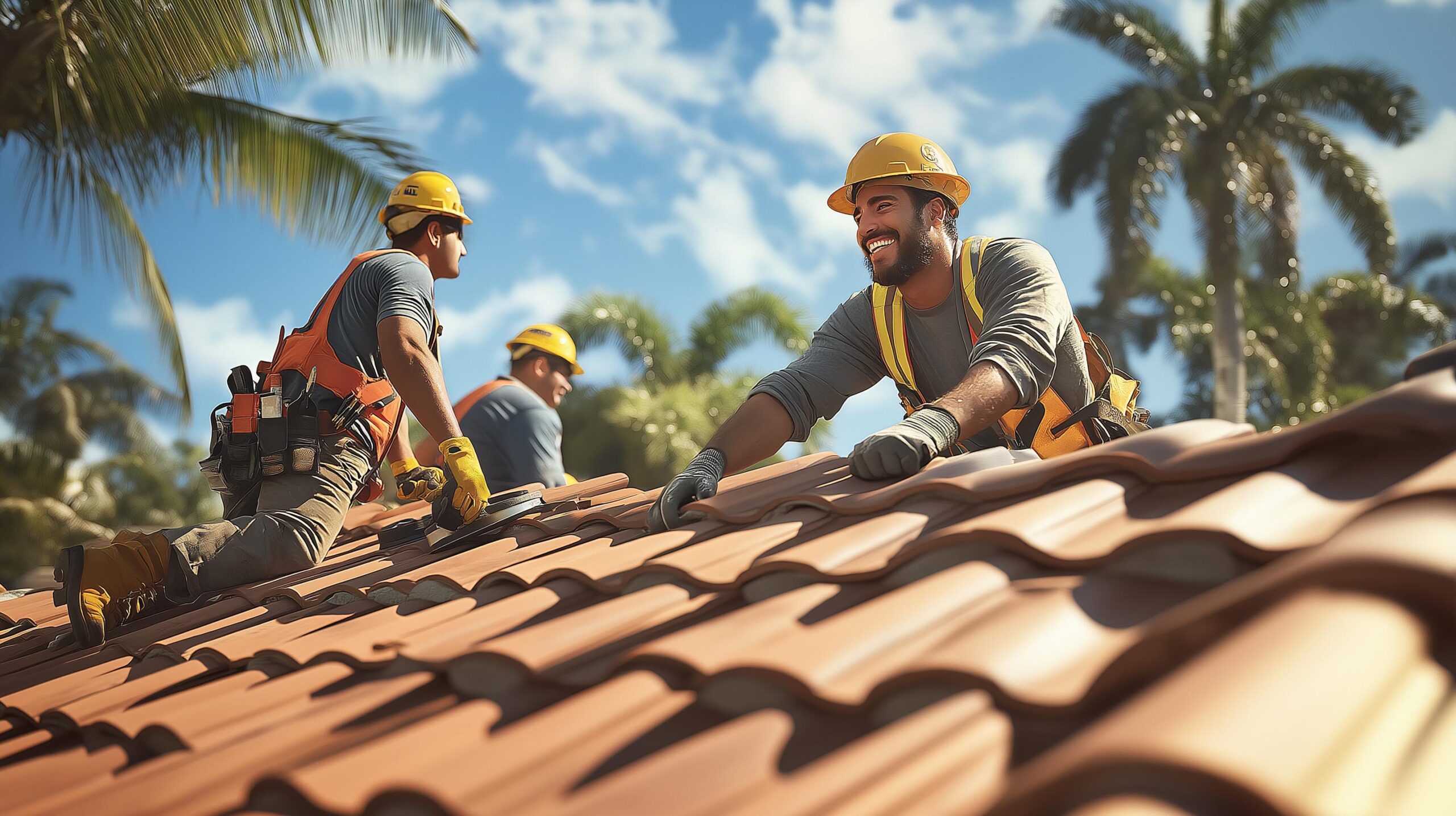 Roofers installing tiles on a South Florida roof.