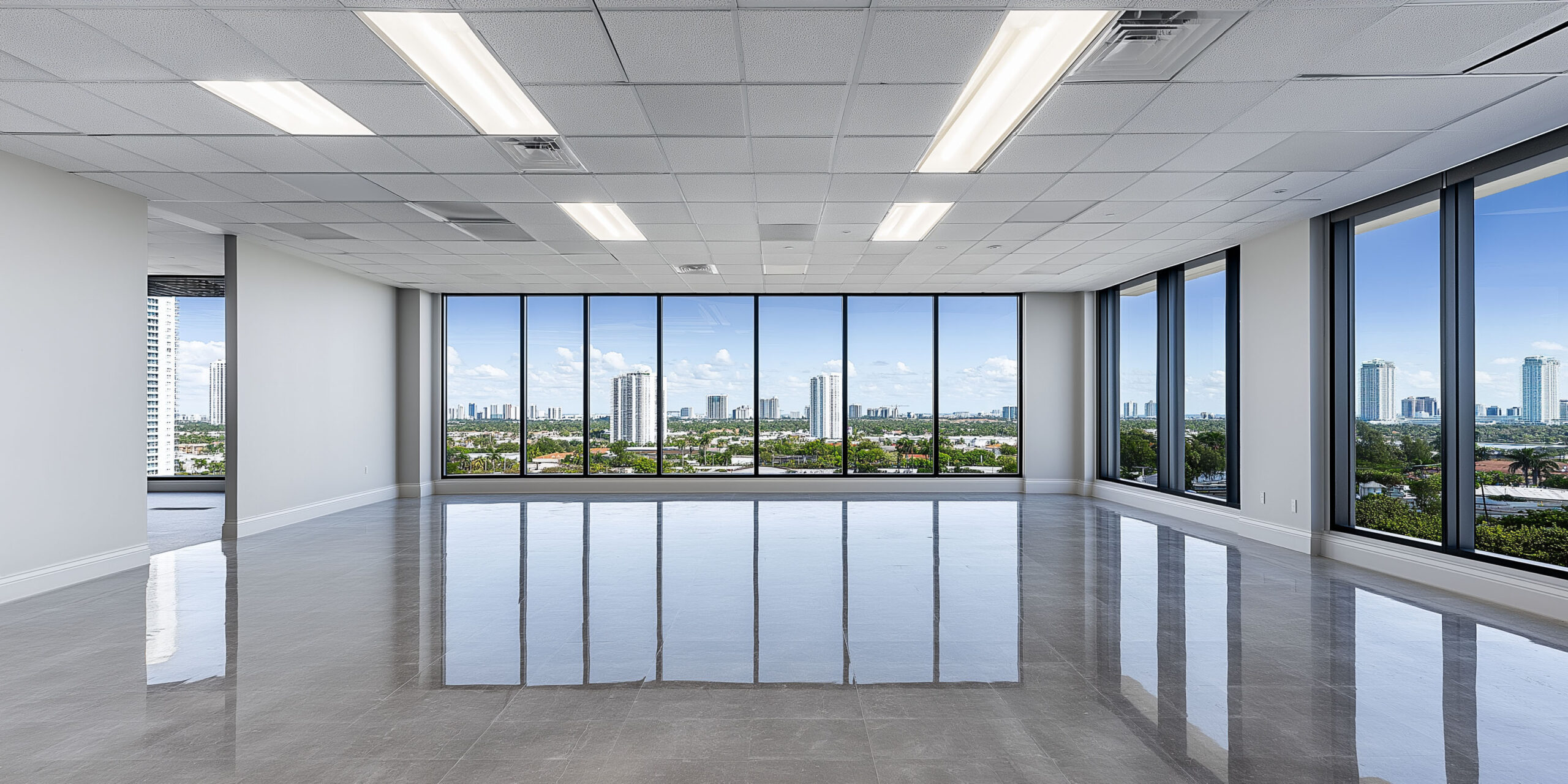 A photo of an empty, spacious office space on the top floor of a high-rise building in Fort Lauderdale showing a newly finished core and shell construction.