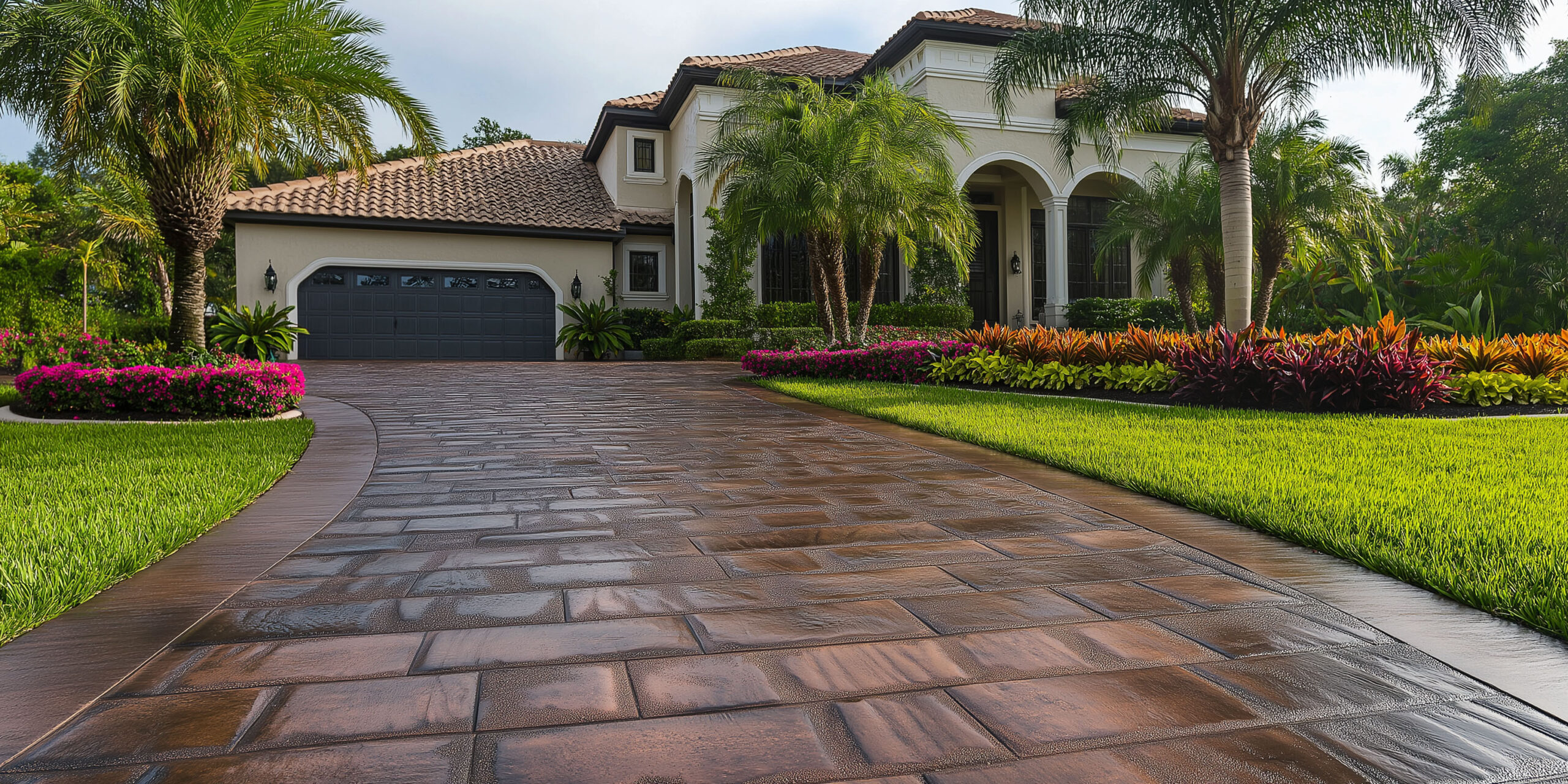 driveway made with stamped concrete the stamping resembles tiles, a beautiful south florida home featuring the driveway for marketing photo