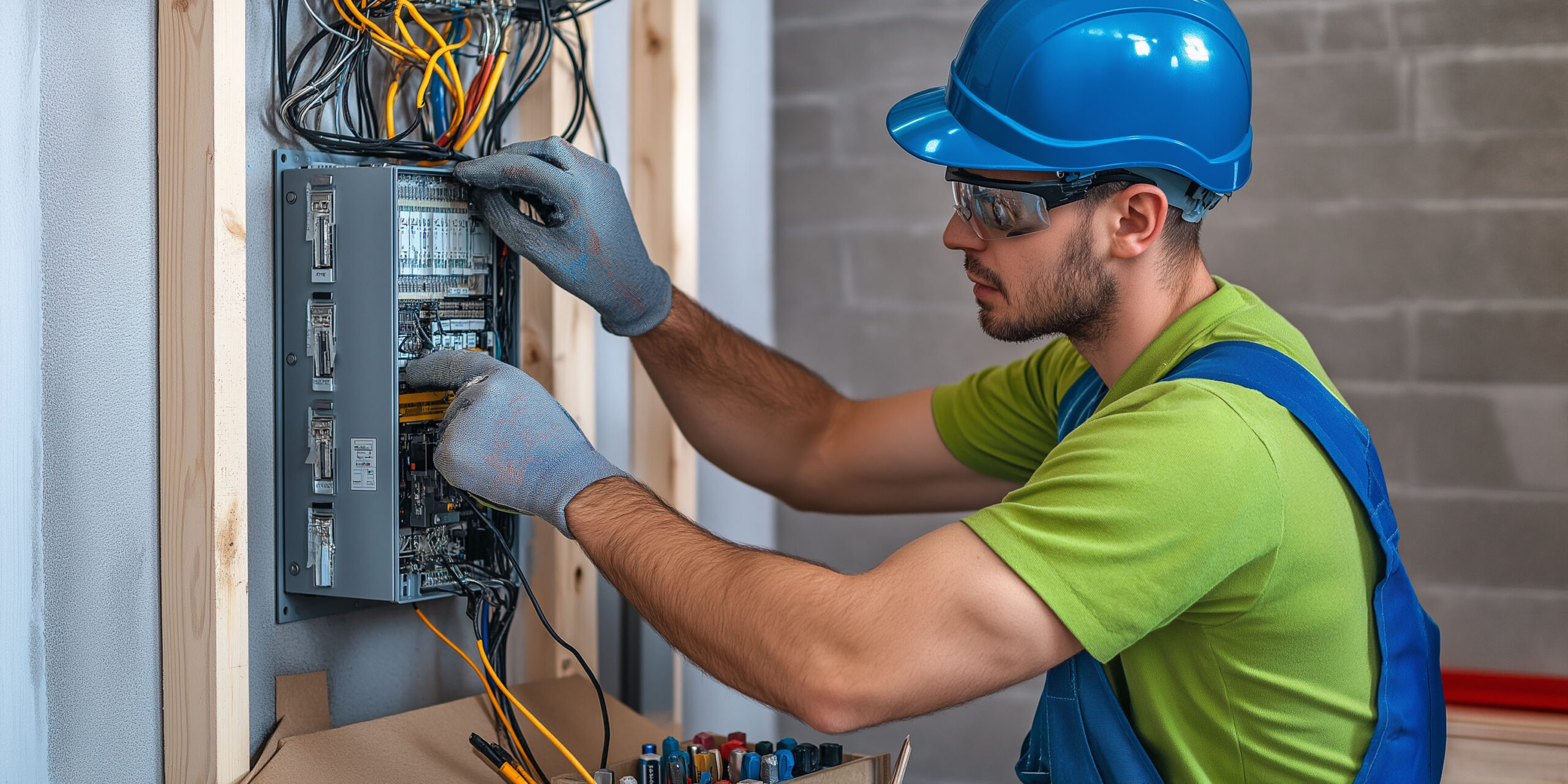 A photo of an electrician at work in a room under construction.