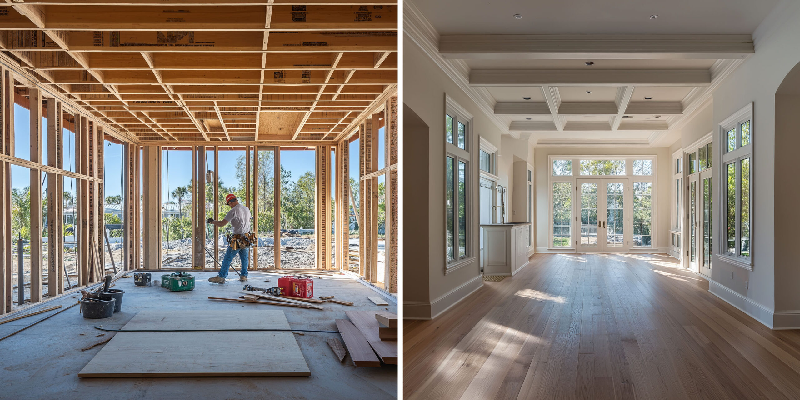 a vertical split-screen marketing photograph of a skilled construction worker framing a modern residential structure with precision, surrounded by tools and wood beams, under a clear blue sky in South Florida. On the left side, an unfinished room with many windows. On the right side, a finished interior space showcases elegant trim, polished wood floors, and detailed crown molding, symbolizing the transition from framing to finishing.