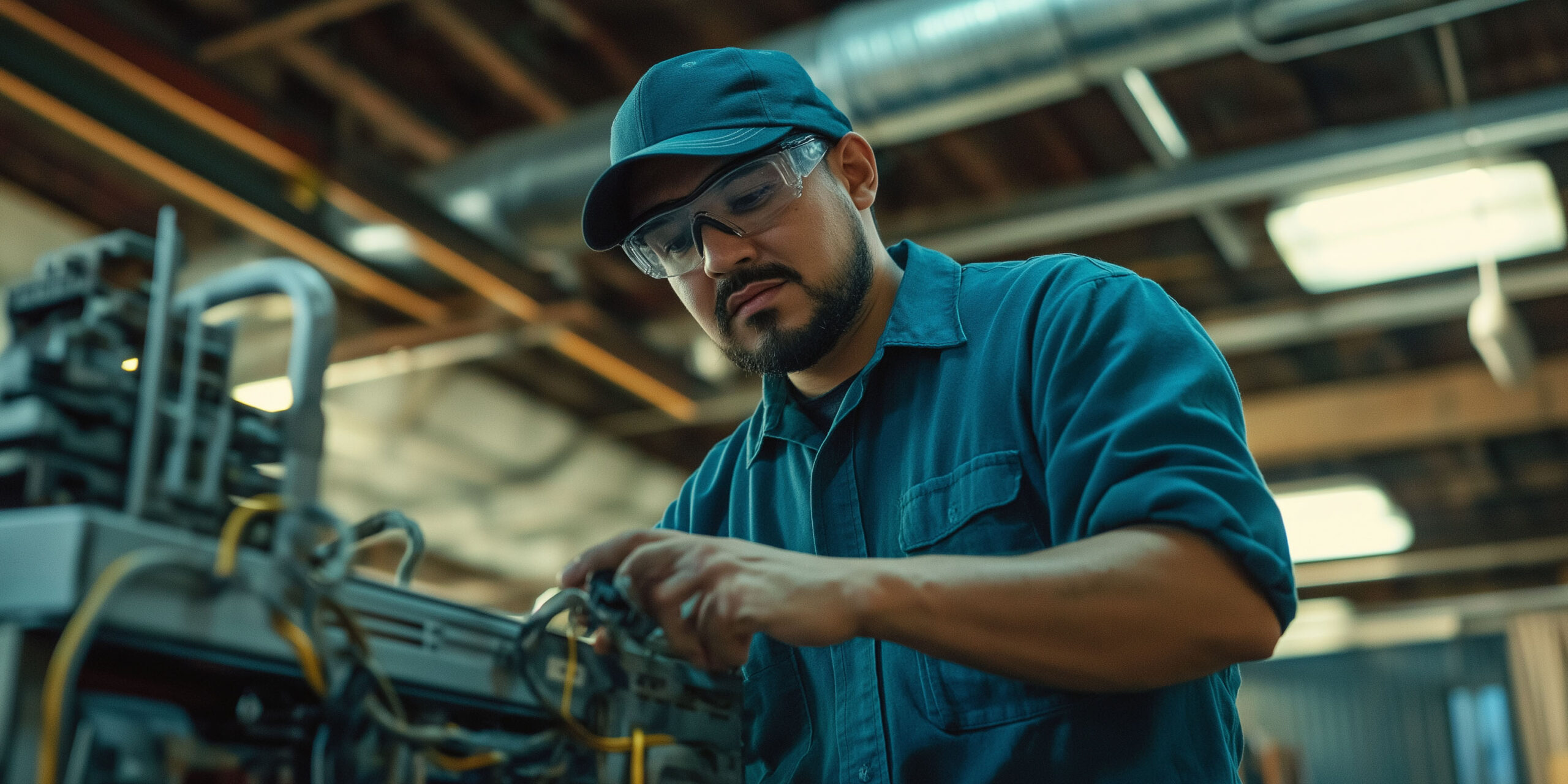 A technician in a blue shirt and cap working on the dust filter of an air system.