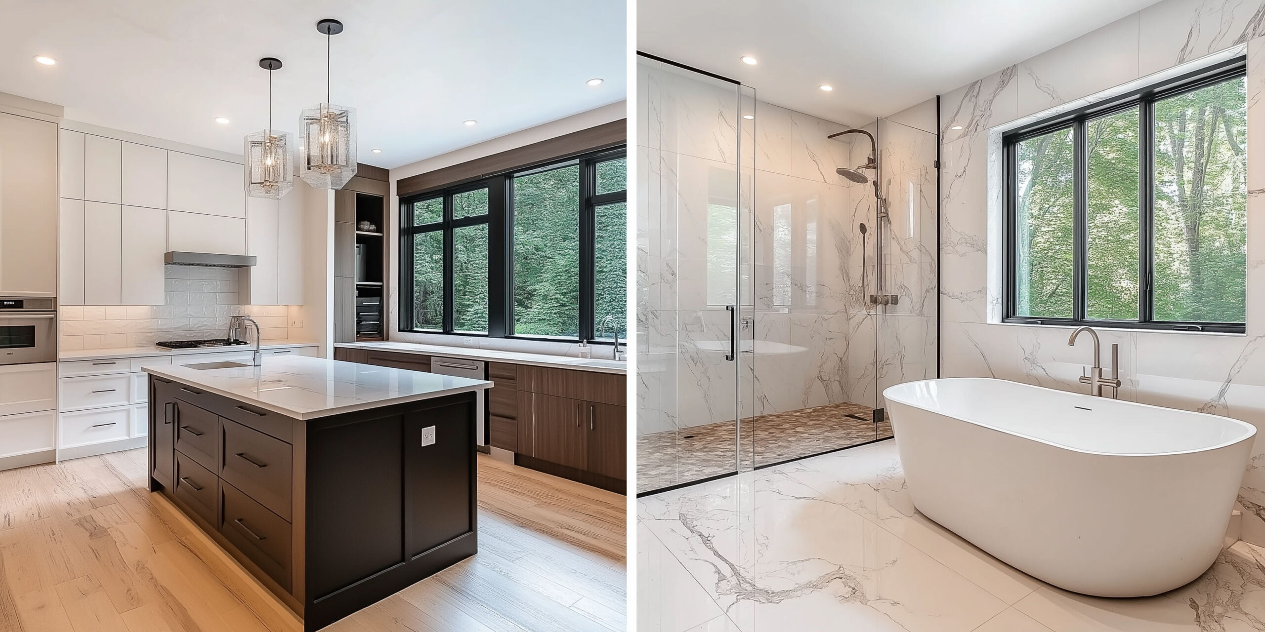 a vertical split-screen of a marketing photo for kitchen and bathroom renovation; the left side shows a beautiful modern kitchen with an island, the colors are white and dark trim; the right side is a beautiful and modern bathroom featuring a standalone soaking tub with a modern glass shower in the corner