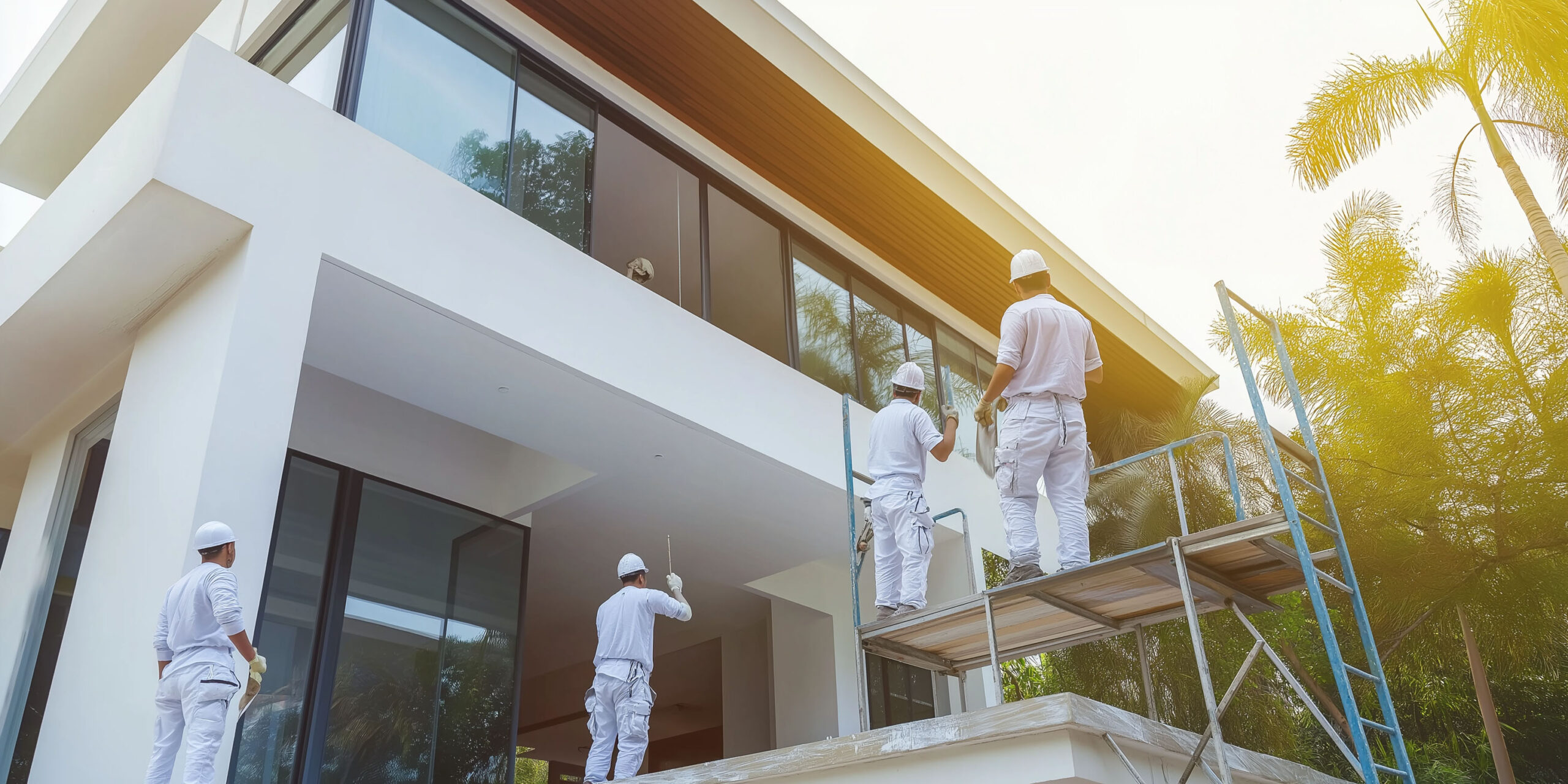 4 house painters in white outfits painting a modern house in south florida