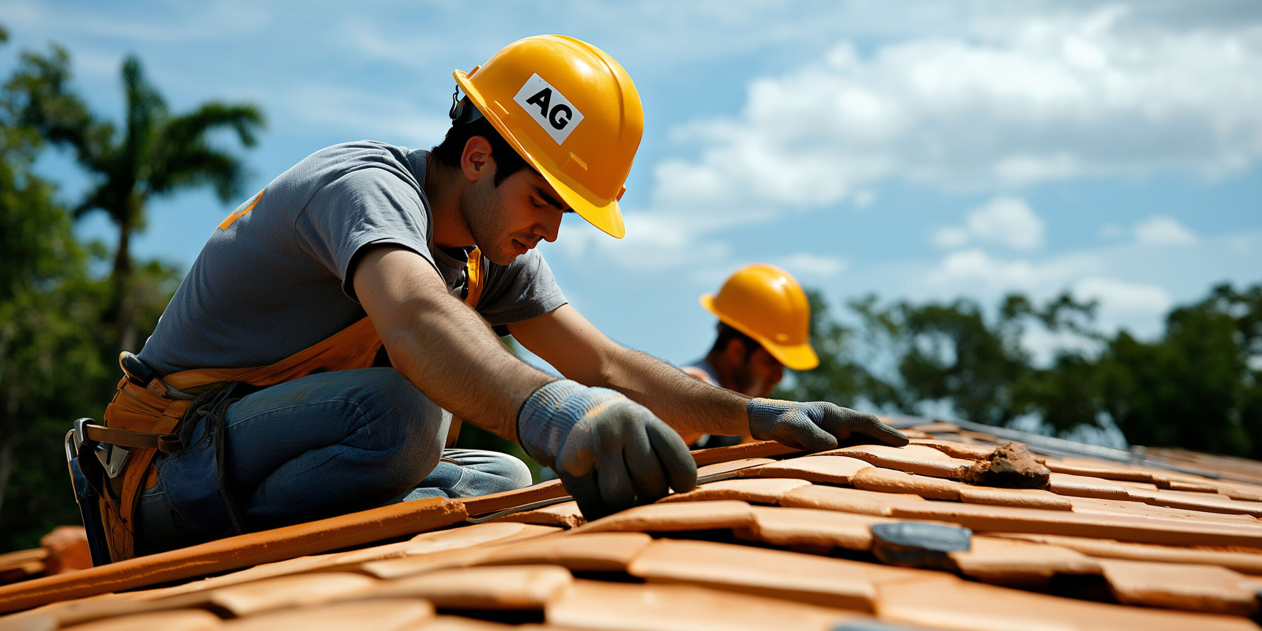 roofers installing tiles roof, with helmet, with 